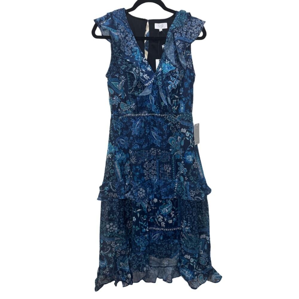 NSR Nordstrom Tiered Ruffle Midi Dress - Blue NWT M